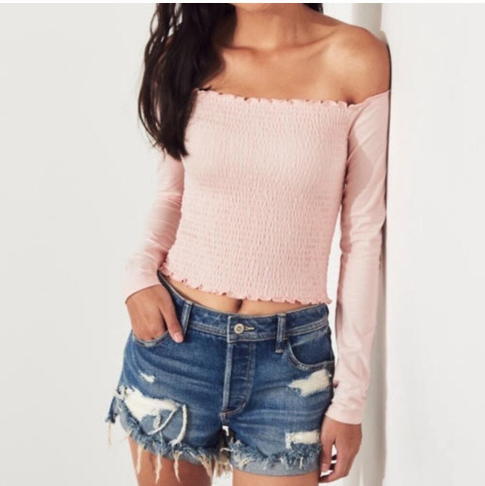 Hollister smocked off the shoulder top long sleeve pink cropped